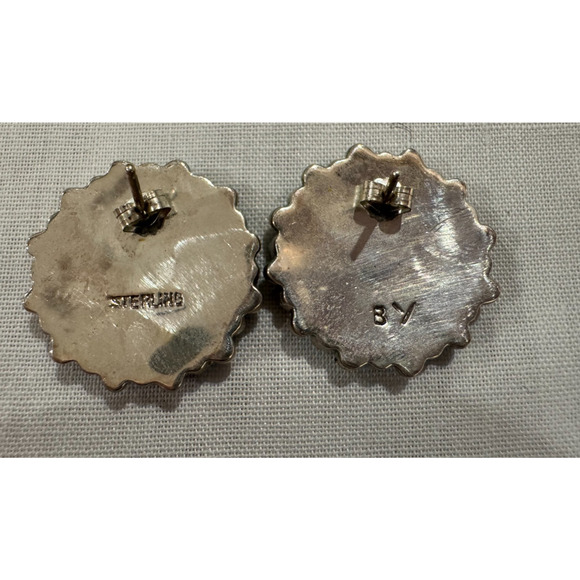 Native American Sleeping Beauty Turquoise Earrings Needlepoint Sterling Signed - Picture 2 of 7